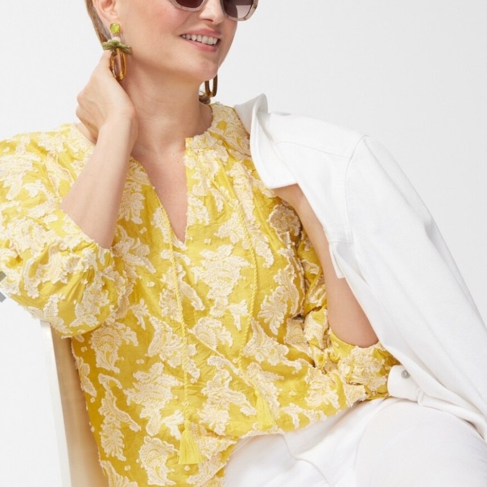 Lemon yellow Jacquard 3D white floral peasant tunic tassel v-neck 3/4 sleeve